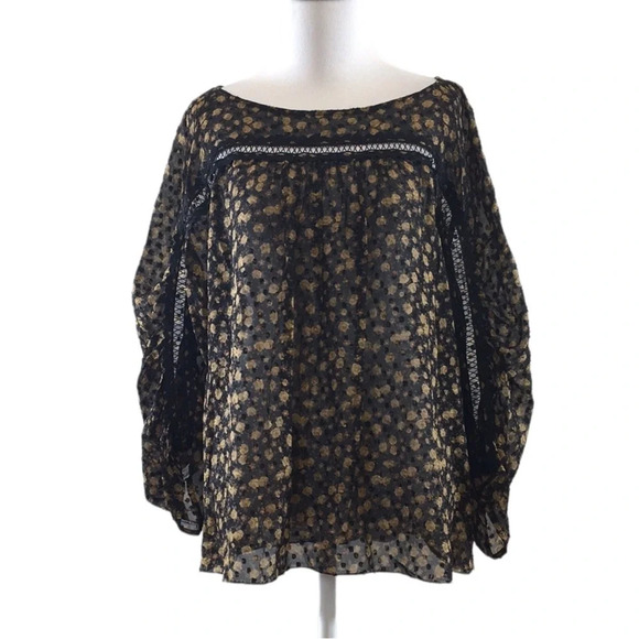 Tracy Reese Brown Black Floral Silk Blouse Womens Medium‎ Long Sleeve Sheer - Picture 1 of 11